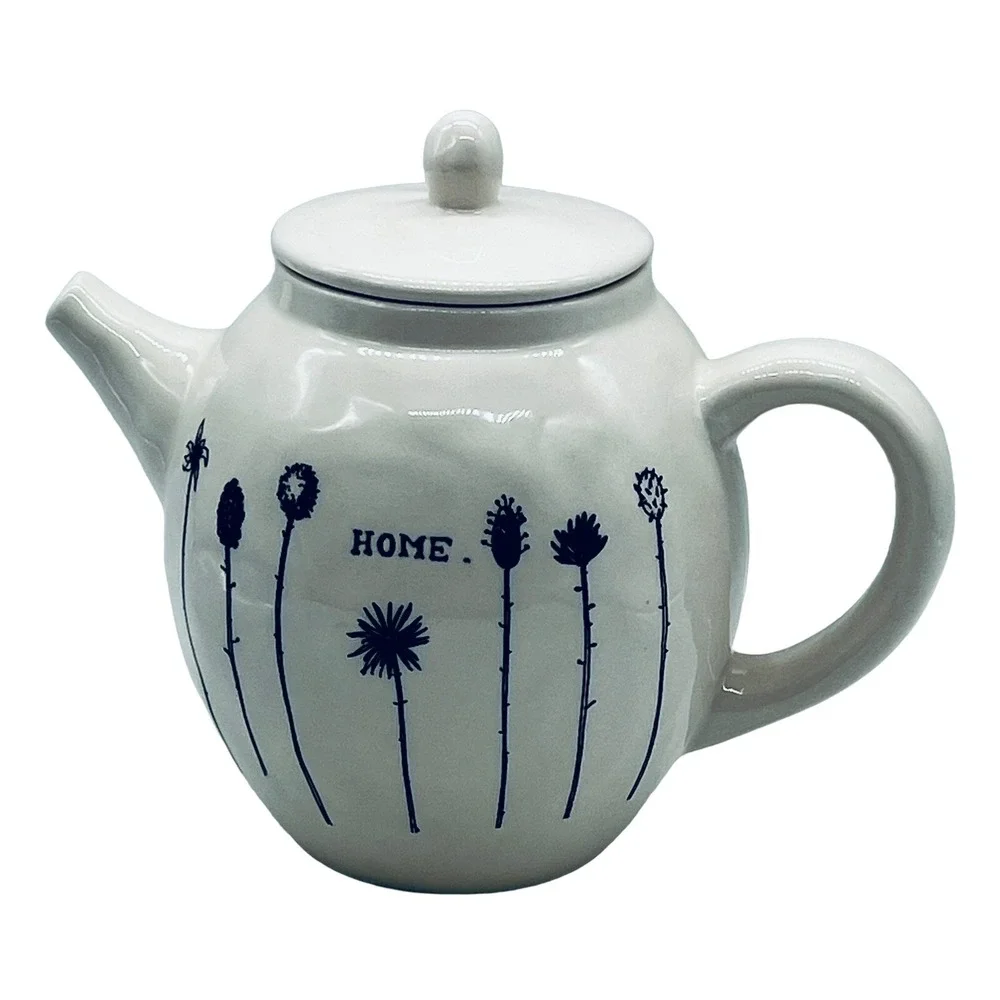 Early Rae‎ Dunn HOME Teapot Magenta M Typewriter Font Wildflowers White Black
